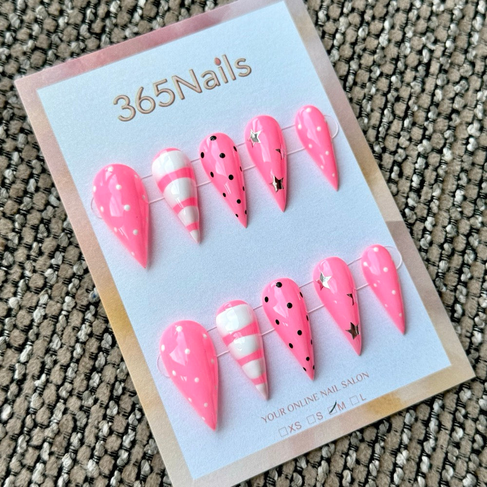Hot Pink Candy Stripe Dragon Armor Shape Handmade Press-On Nails