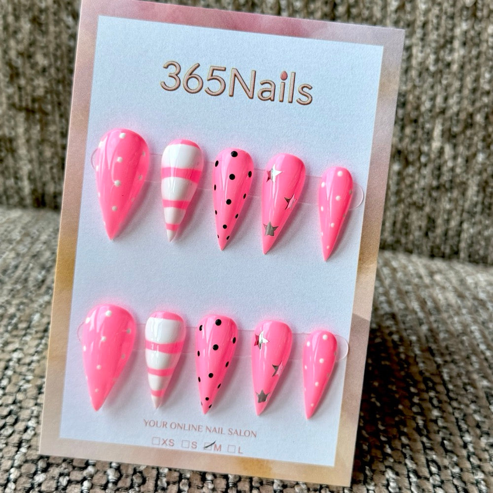 Hot Pink Candy Stripe Dragon Armor Shape Handmade Press-On Nails