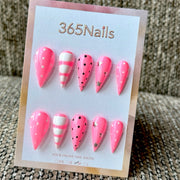 Hot Pink Candy Stripe Dragon Armor Shape Handmade Press-On Nails