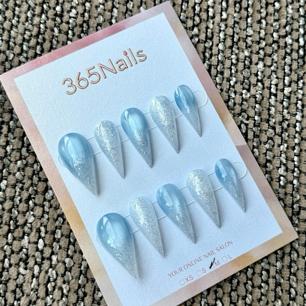 Icy Blue Silver Glitter Dragon Armor Shape Handmade Press-On Nails