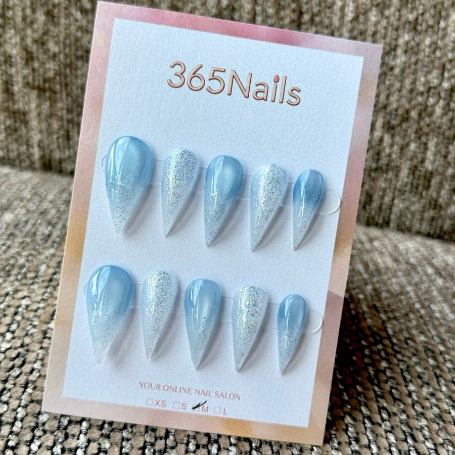 Icy Blue Silver Glitter Dragon Armor Shape Handmade Press-On Nails