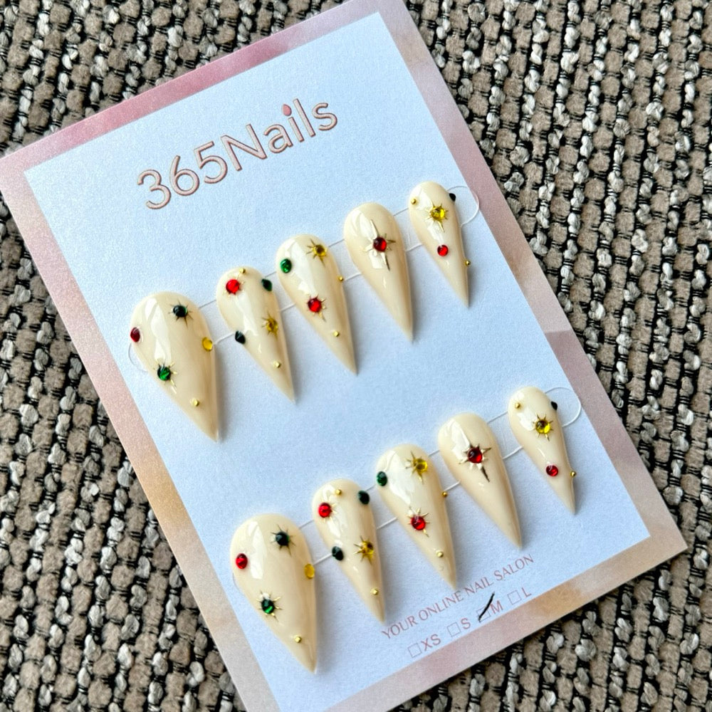 Ivory Jewel Starburst Dragon Armor Shape Handmade Press-On Nails