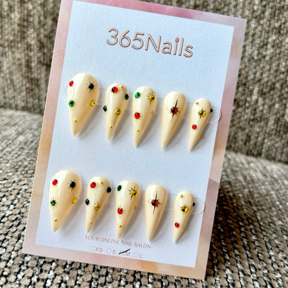 Ivory Jewel Starburst Dragon Armor Shape Handmade Press-On Nails