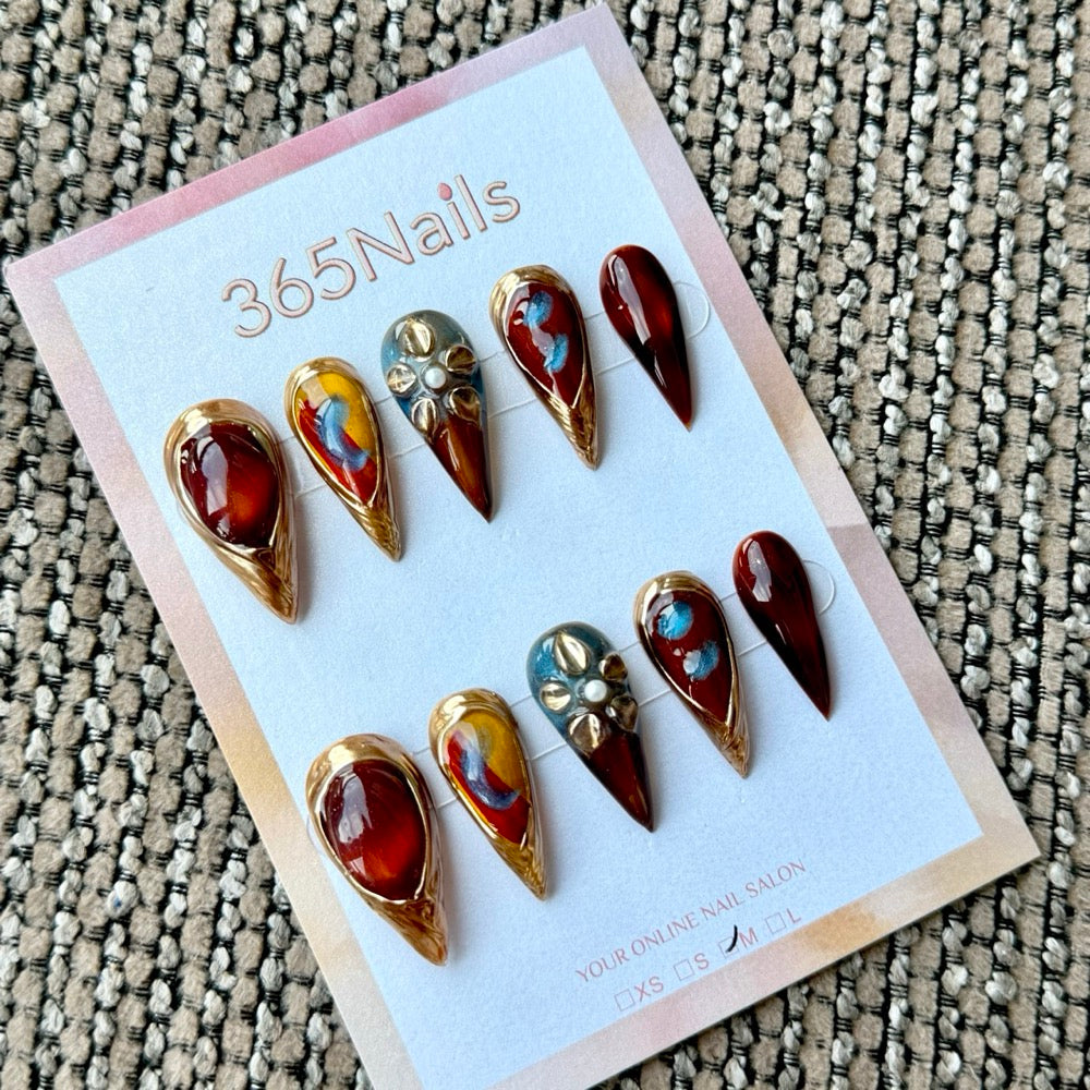 Crimson Amber Gemstone Dragon Armor Shape Handmade Press-On Nails