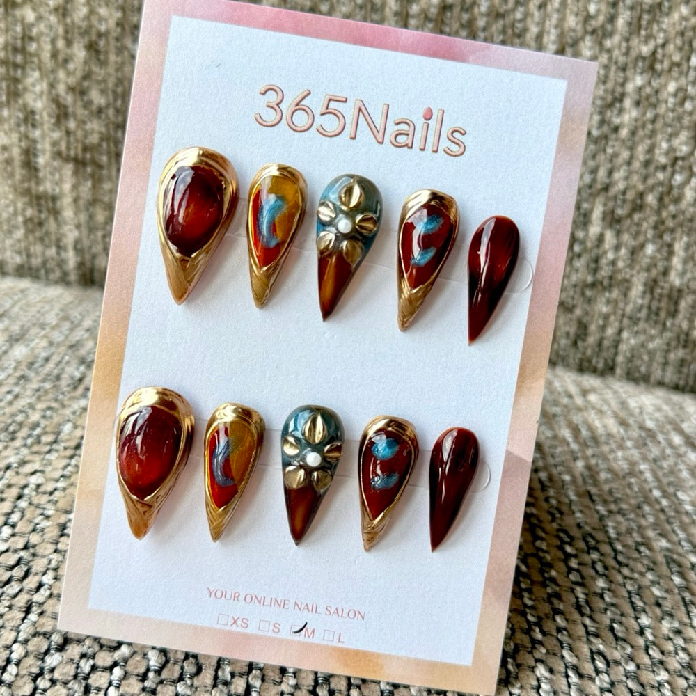 Crimson Amber Gemstone Dragon Armor Shape Handmade Press-On Nails