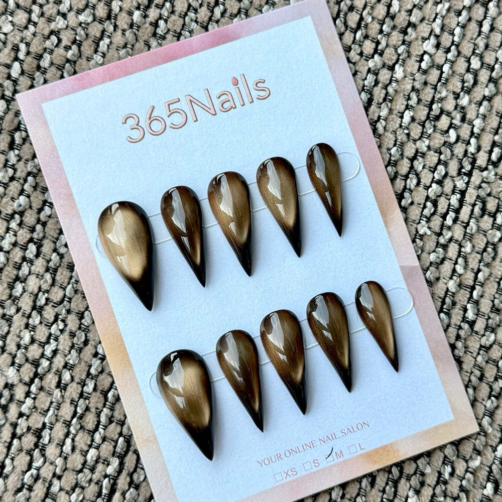 Bronze Cat Eye Black Tip Dragon Armor Shape Handmade Press-On Nails