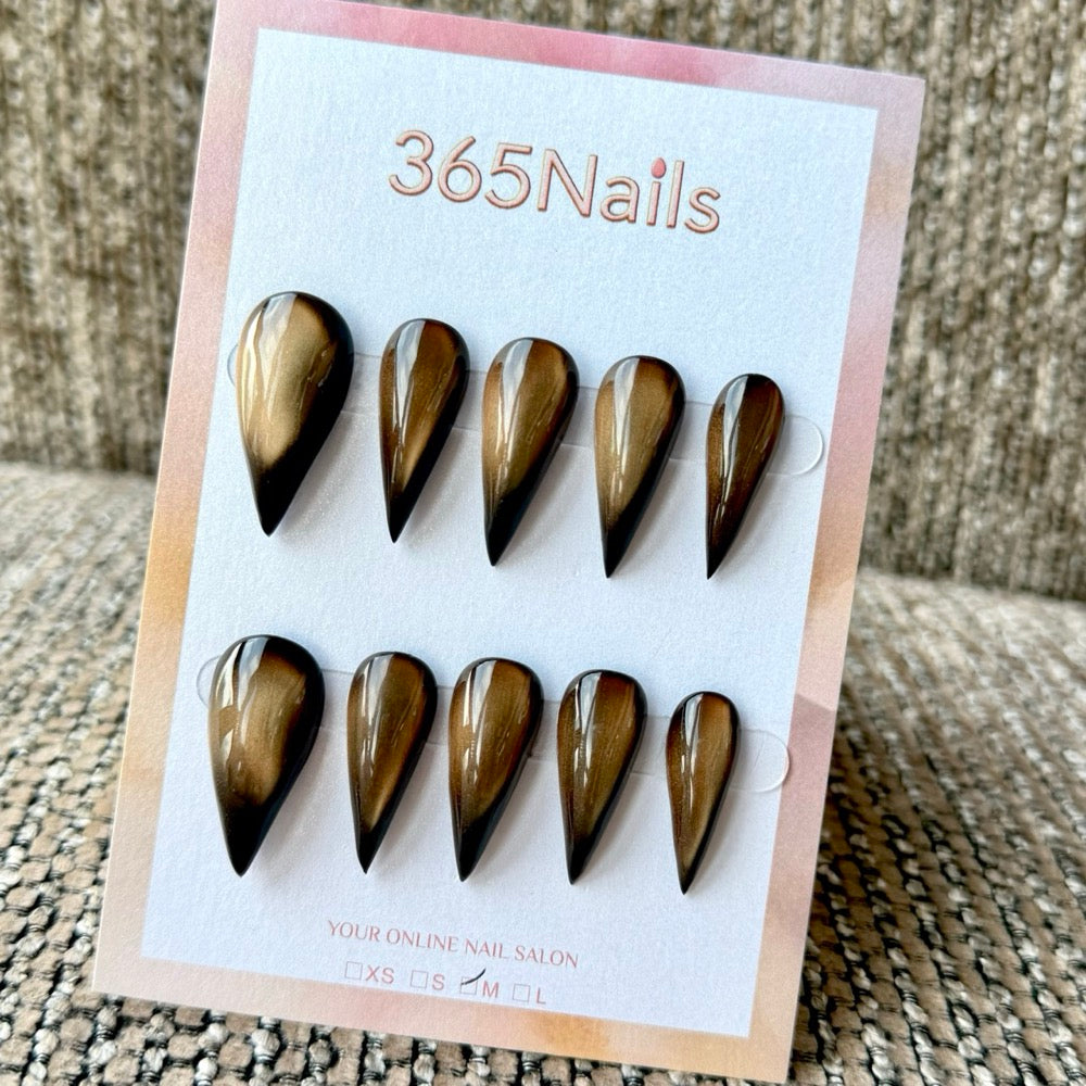 Bronze Cat Eye Black Tip Dragon Armor Shape Handmade Press-On Nails