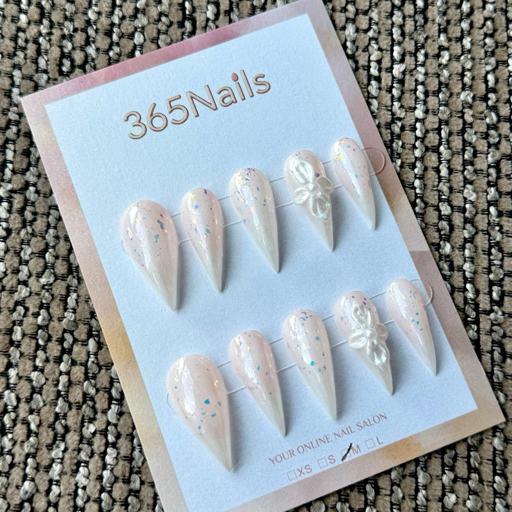 Opal White Bow Dragon Armor Shape Handmade Press-On Nails