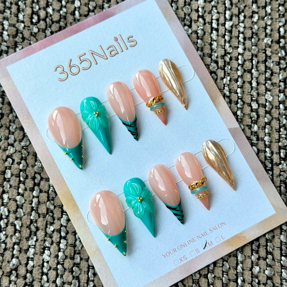 Peach Mint Floral Dragon Armor Shape Handmade Press-On Nails