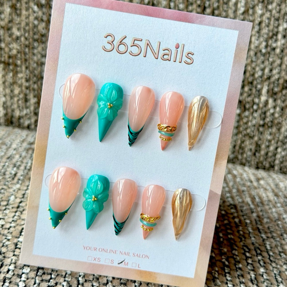 Peach Mint Floral Dragon Armor Shape Handmade Press-On Nails