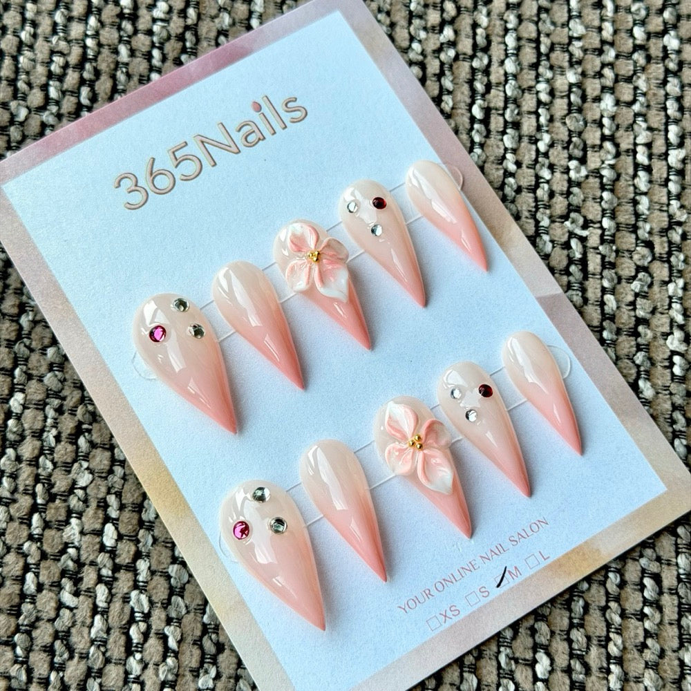 Blush Pink Crystal Flower Dragon Armor Shape Handmade Press-On Nails