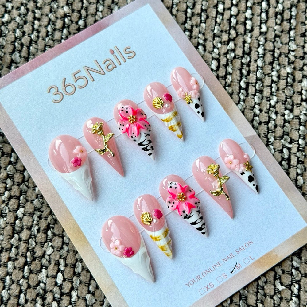 Blush Floral Gold Charm Dragon Armor Shape Handmade Press-On Nails