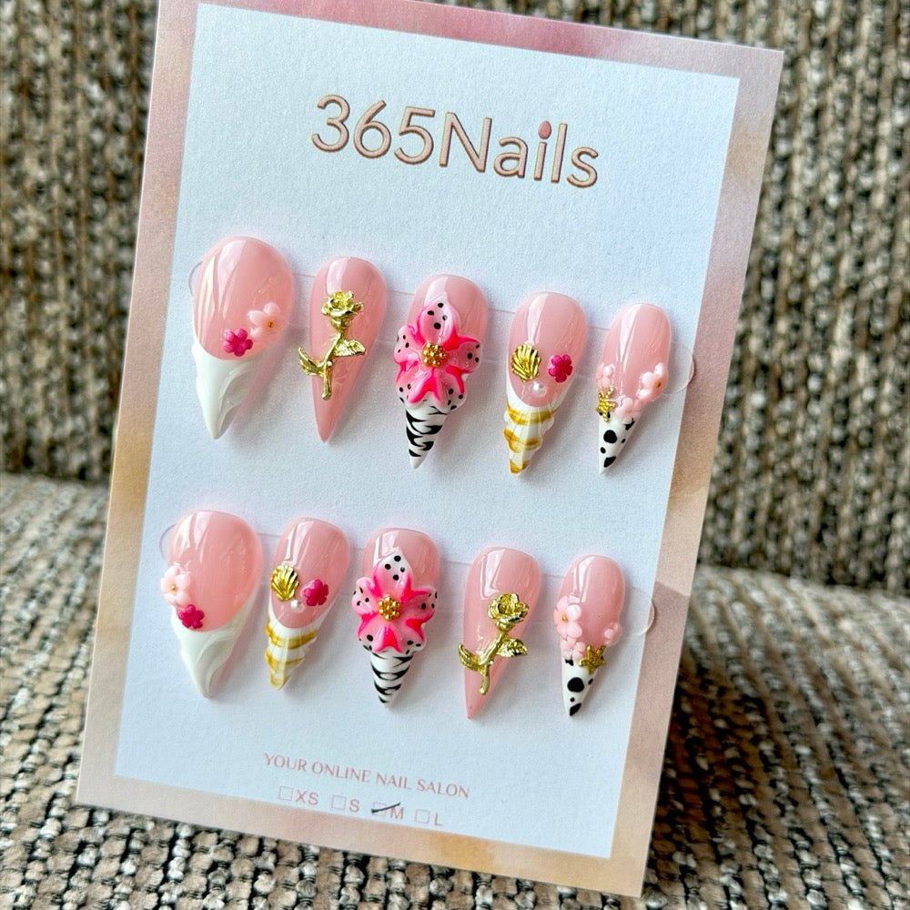 Blush Floral Gold Charm Dragon Armor Shape Handmade Press-On Nails
