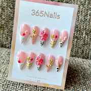 Blush Floral Gold Charm Dragon Armor Shape Handmade Press-On Nails