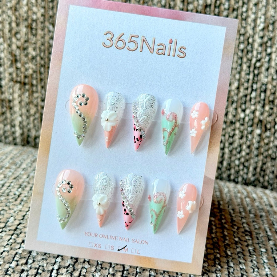 Pastel Garden Lace Dragon Armor Shape Handmade Press-On Nails