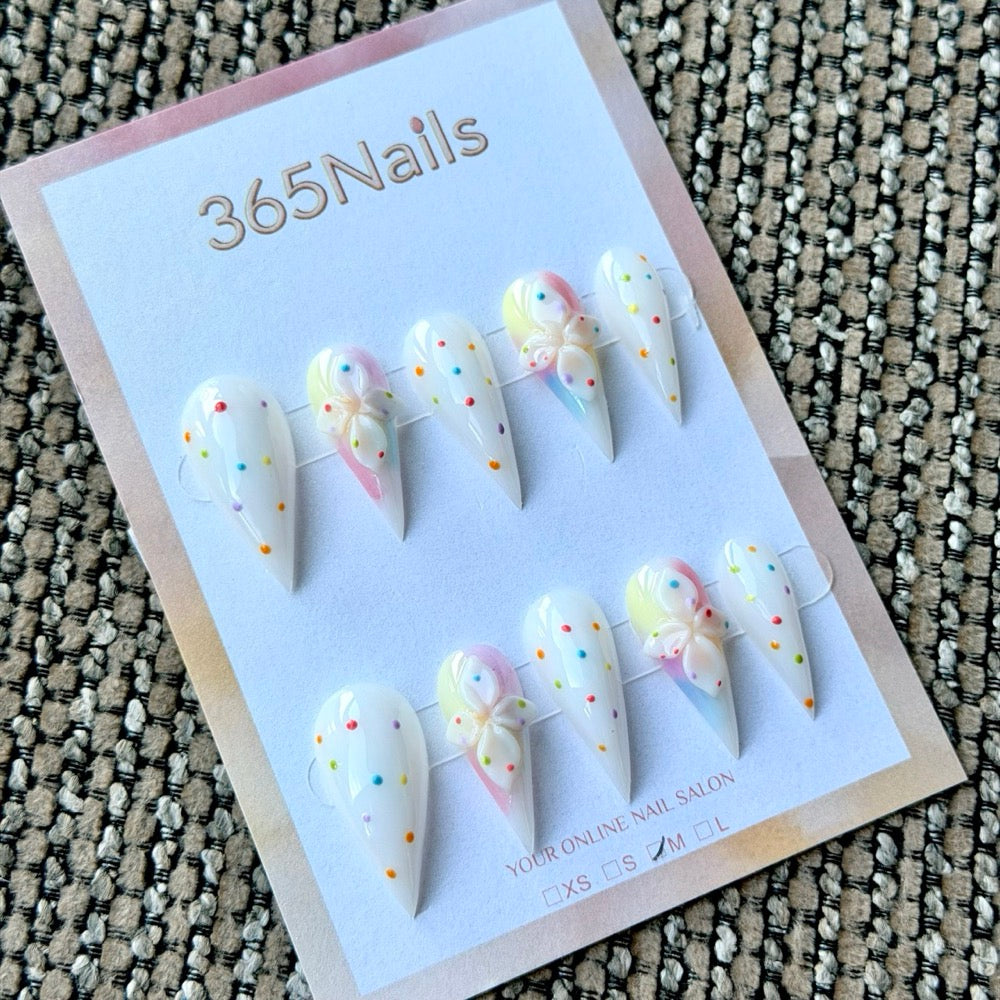 Confetti White 3D Bow Dragon Armor Shape Handmade Press-On Nails
