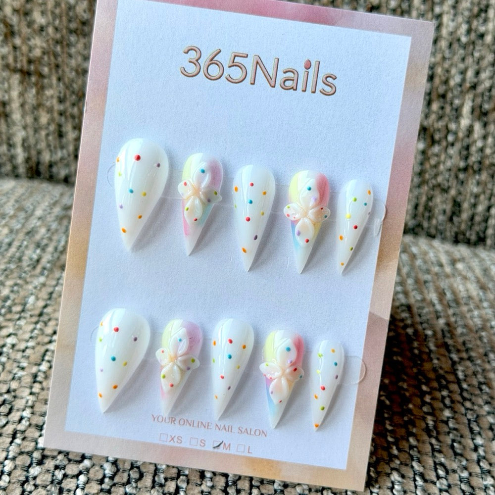 Confetti White 3D Bow Dragon Armor Shape Handmade Press-On Nails