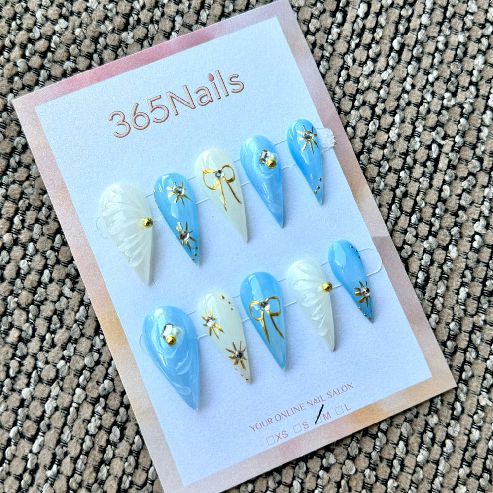 Sky Blue Celestial Dragon Armor Shape Handmade Press-On Nails