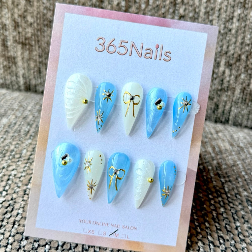 Sky Blue Celestial Dragon Armor Shape Handmade Press-On Nails