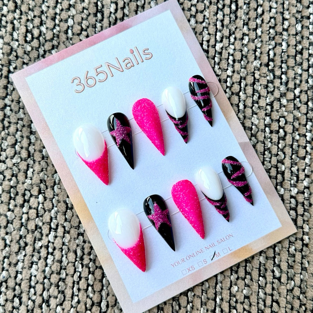 Hot Pink Black Glitter Star Dragon Armor Shape Handmade Press-On Nails