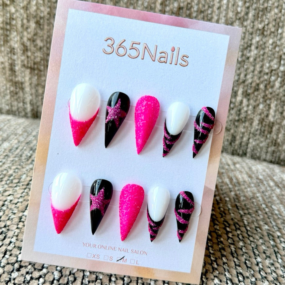 Hot Pink Black Glitter Star Dragon Armor Shape Handmade Press-On Nails