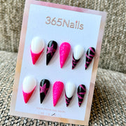 Hot Pink Black Glitter Star Dragon Armor Shape Handmade Press-On Nails