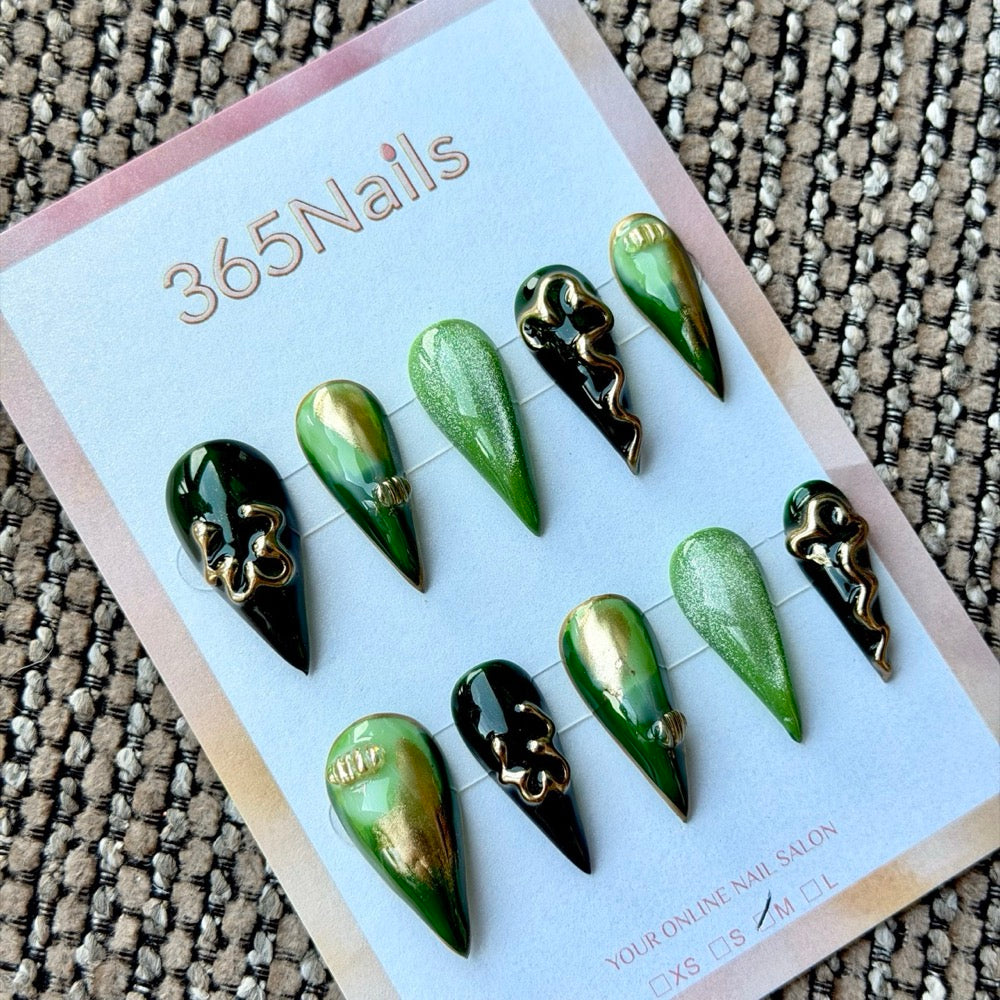 Emerald Black Gold Serpent Dragon Armor Shape Handmade Press-On Nails