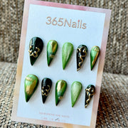Emerald Black Gold Serpent Dragon Armor Shape Handmade Press-On Nails