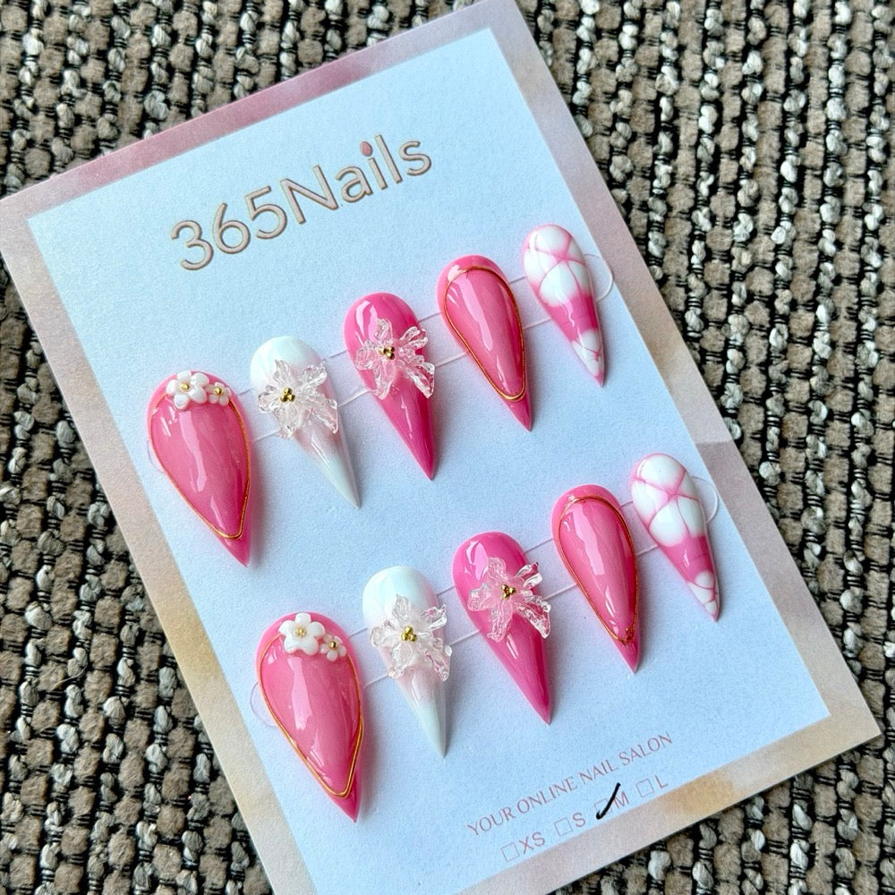 Rose Pink 3D Floral Dragon Armor Shape Handmade Press-On Nails