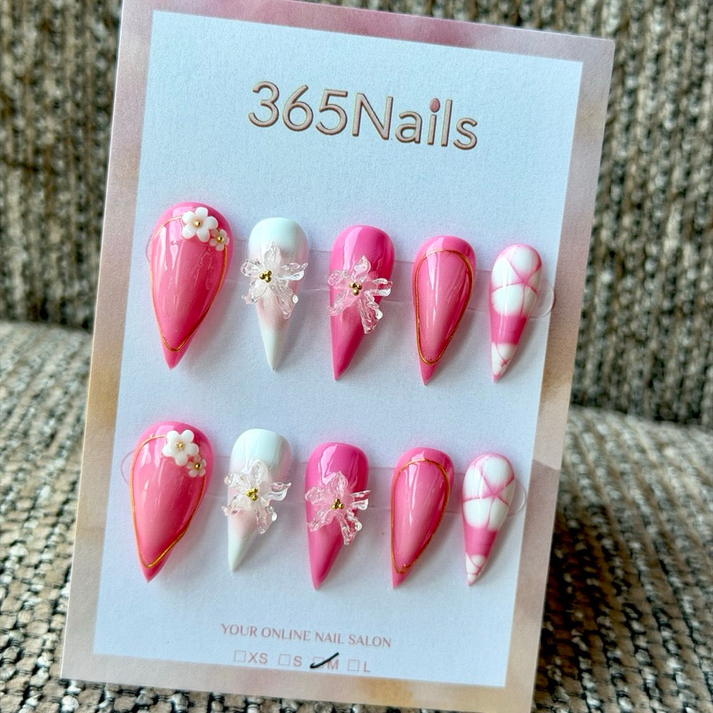 Rose Pink 3D Floral Dragon Armor Shape Handmade Press-On Nails