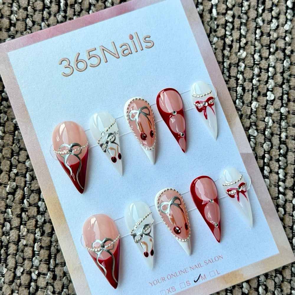 Burgundy Blush Bow Dragon Armor Shape Handmade Press-On Nails