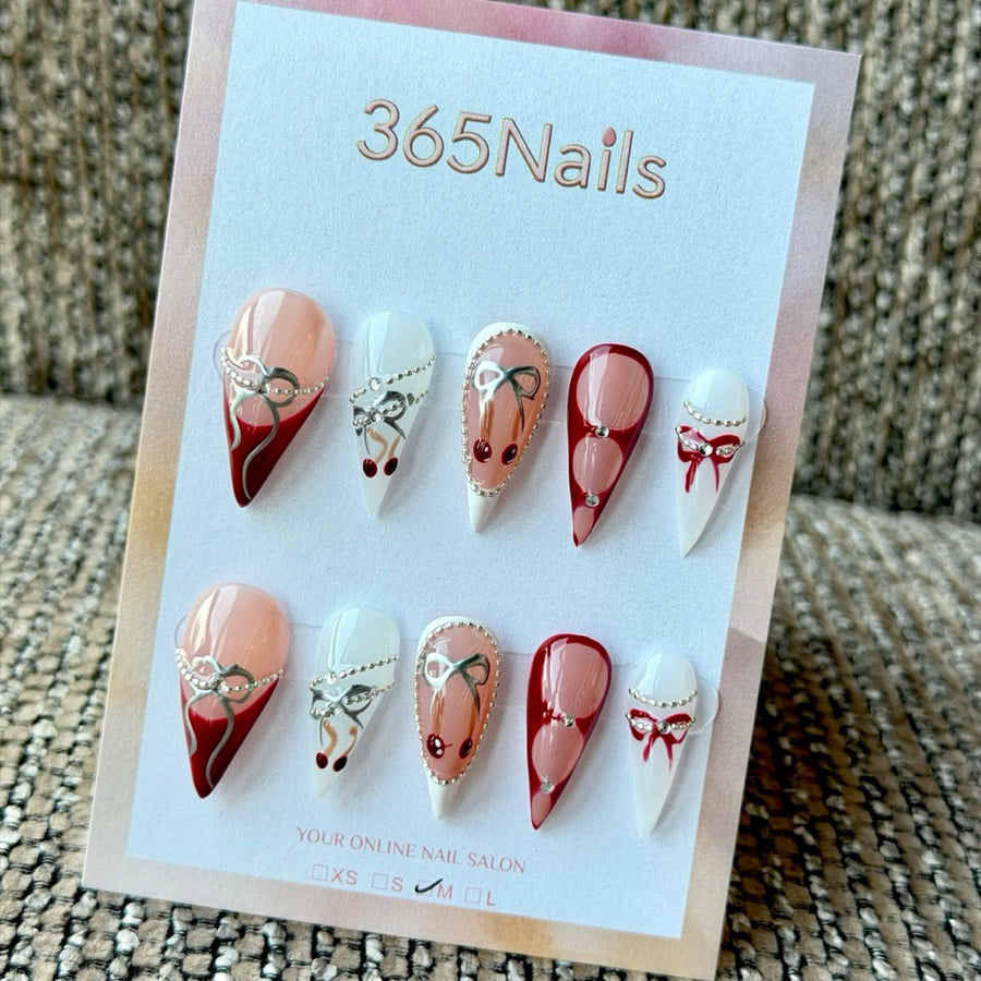 Burgundy Blush Bow Dragon Armor Shape Handmade Press-On Nails