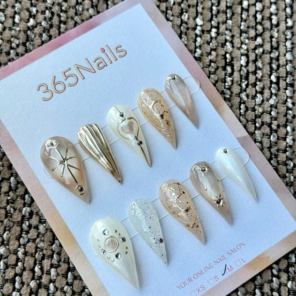 Champagne Celestial Compass Dragon Armor Shape Handmade Press-On Nails