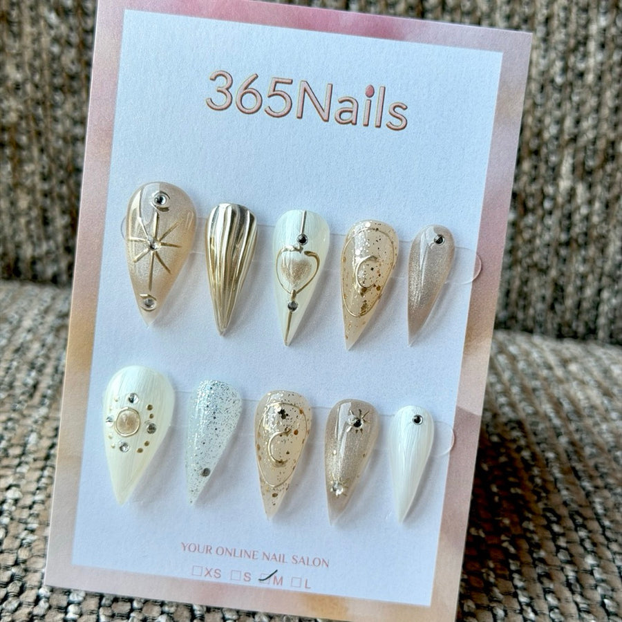 Champagne Celestial Compass Dragon Armor Shape Handmade Press-On Nails