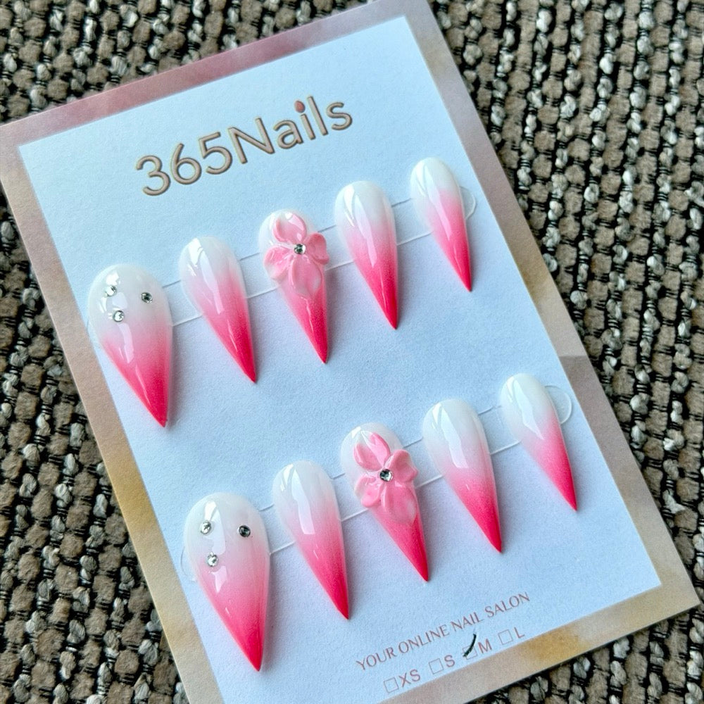 Pink Ombre Crystal Flower Dragon Armor Shape Handmade Press-On Nails