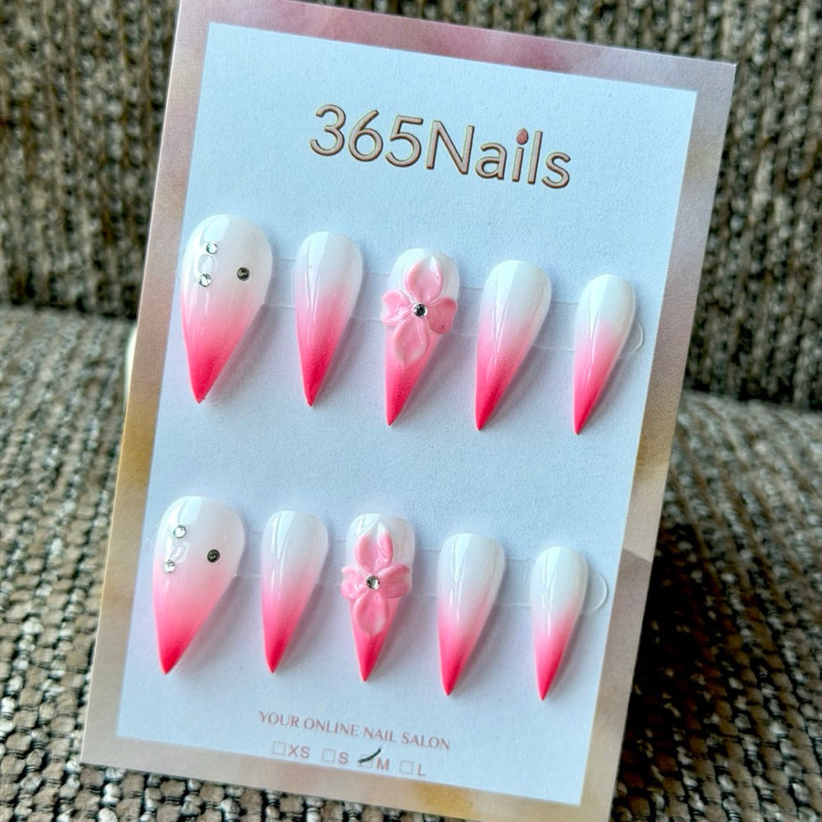 Pink Ombre Crystal Flower Dragon Armor Shape Handmade Press-On Nails
