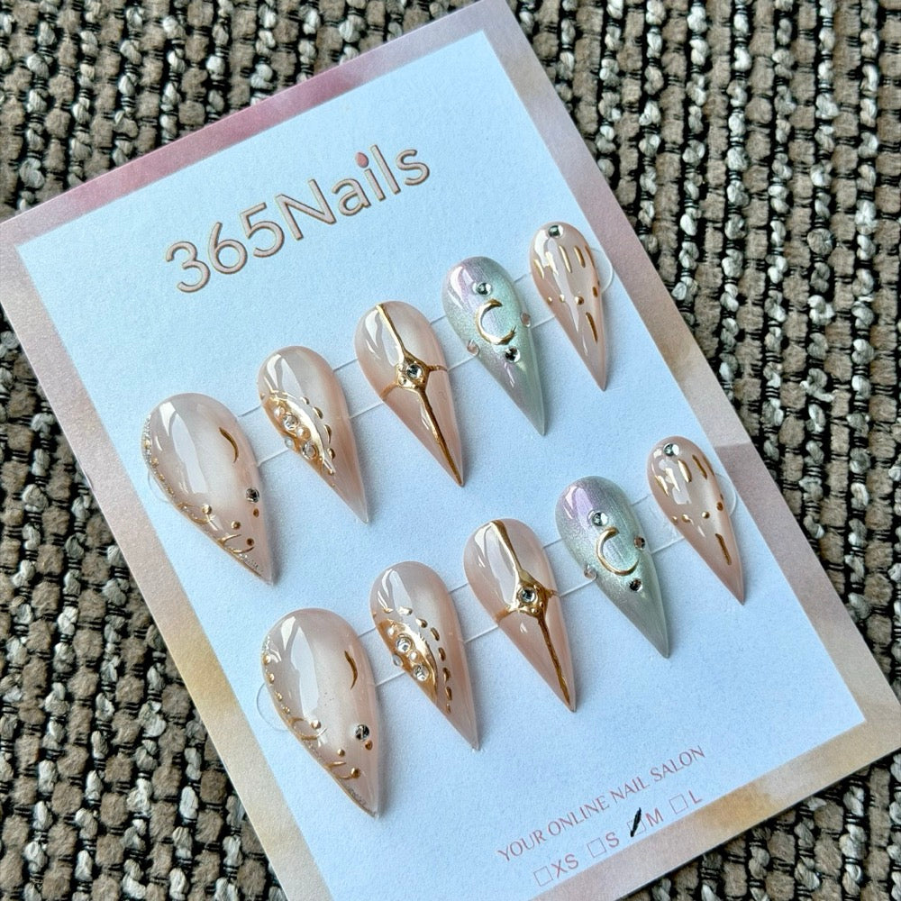 Nude Sage Gold Celestial Dragon Armor Shape Handmade Press-On Nails