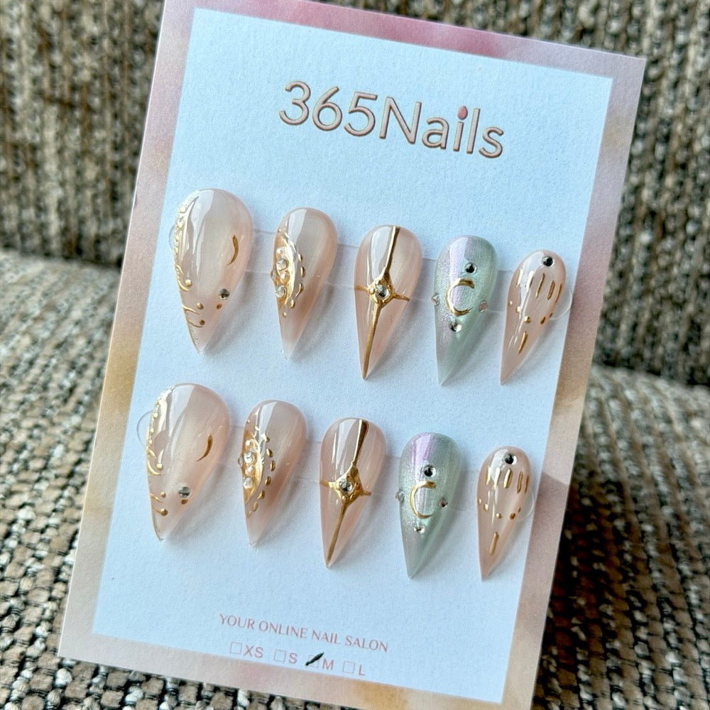 Nude Sage Gold Celestial Dragon Armor Shape Handmade Press-On Nails