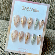 Nude Sage Gold Celestial Dragon Armor Shape Handmade Press-On Nails