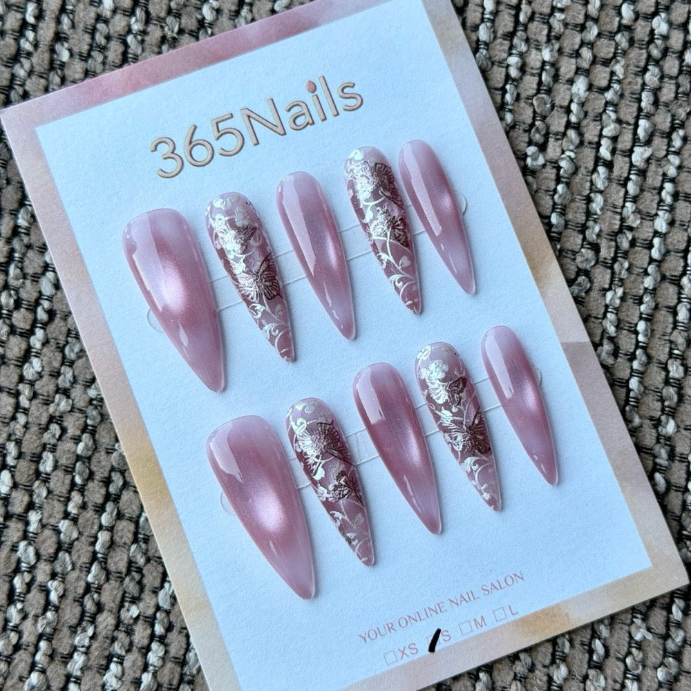Dusty Rose Silver Foil Handmade Press-On Nails
