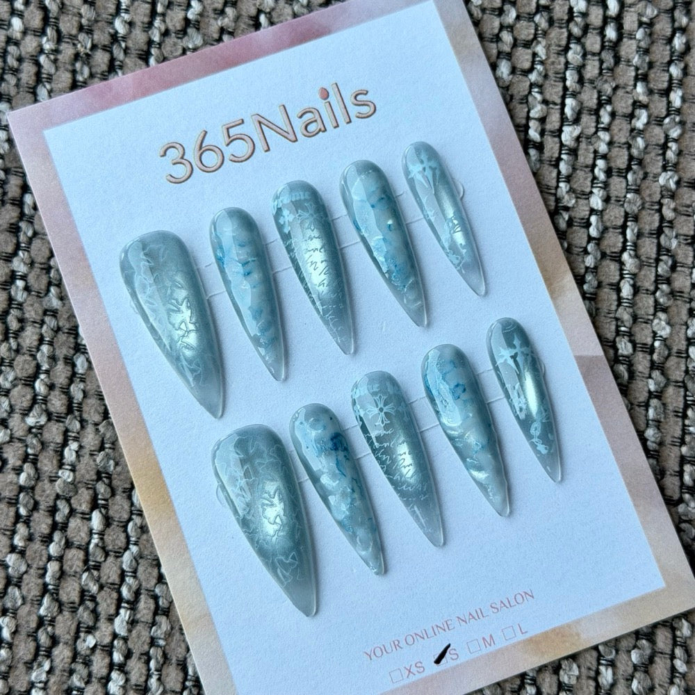 Icy Blue Silver Frost Handmade Press-On Nails