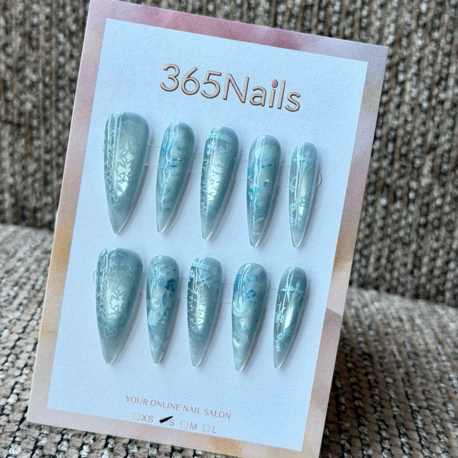 Icy Blue Silver Frost Handmade Press-On Nails
