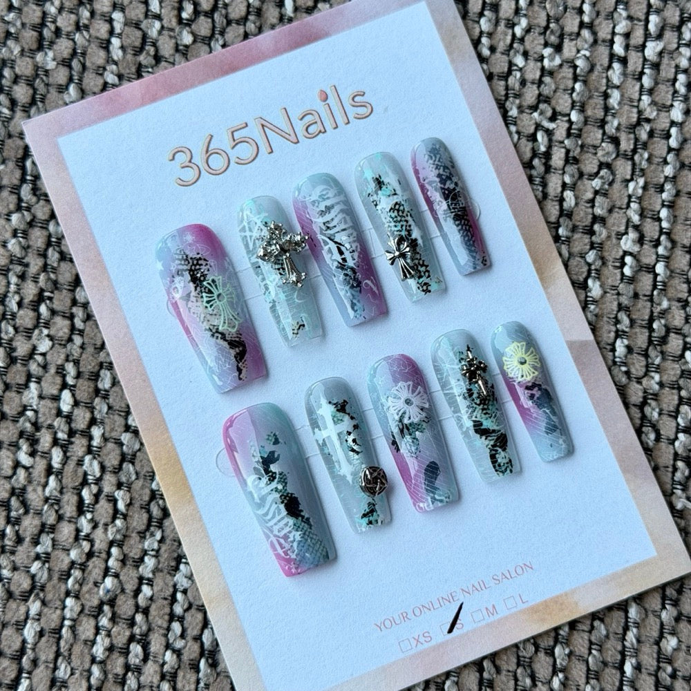 Pastel Pink Blue Floral Collage Handmade Press-On Nails