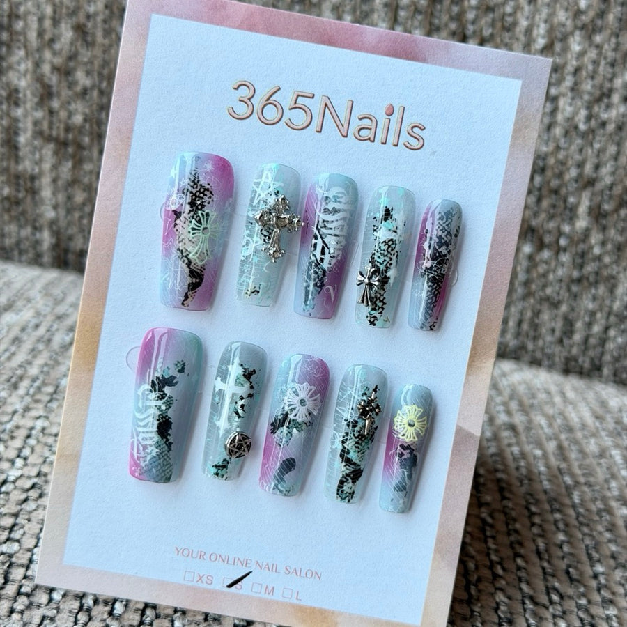 Pastel Pink Blue Floral Collage Handmade Press-On Nails