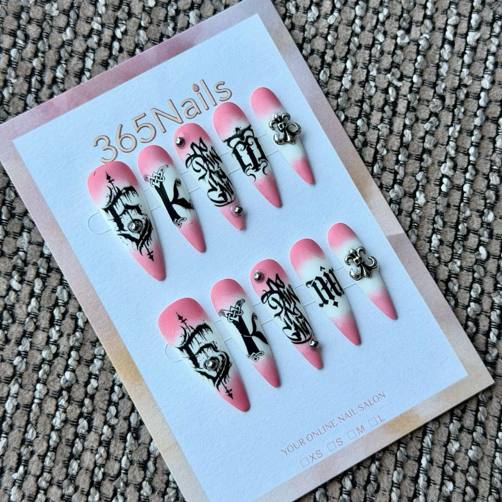 Pink Ombre Gothic Script Handmade Press-On Nails