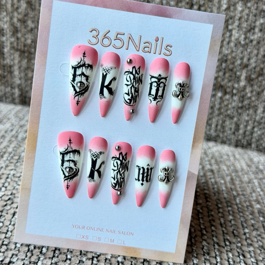Pink Ombre Gothic Script Handmade Press-On Nails