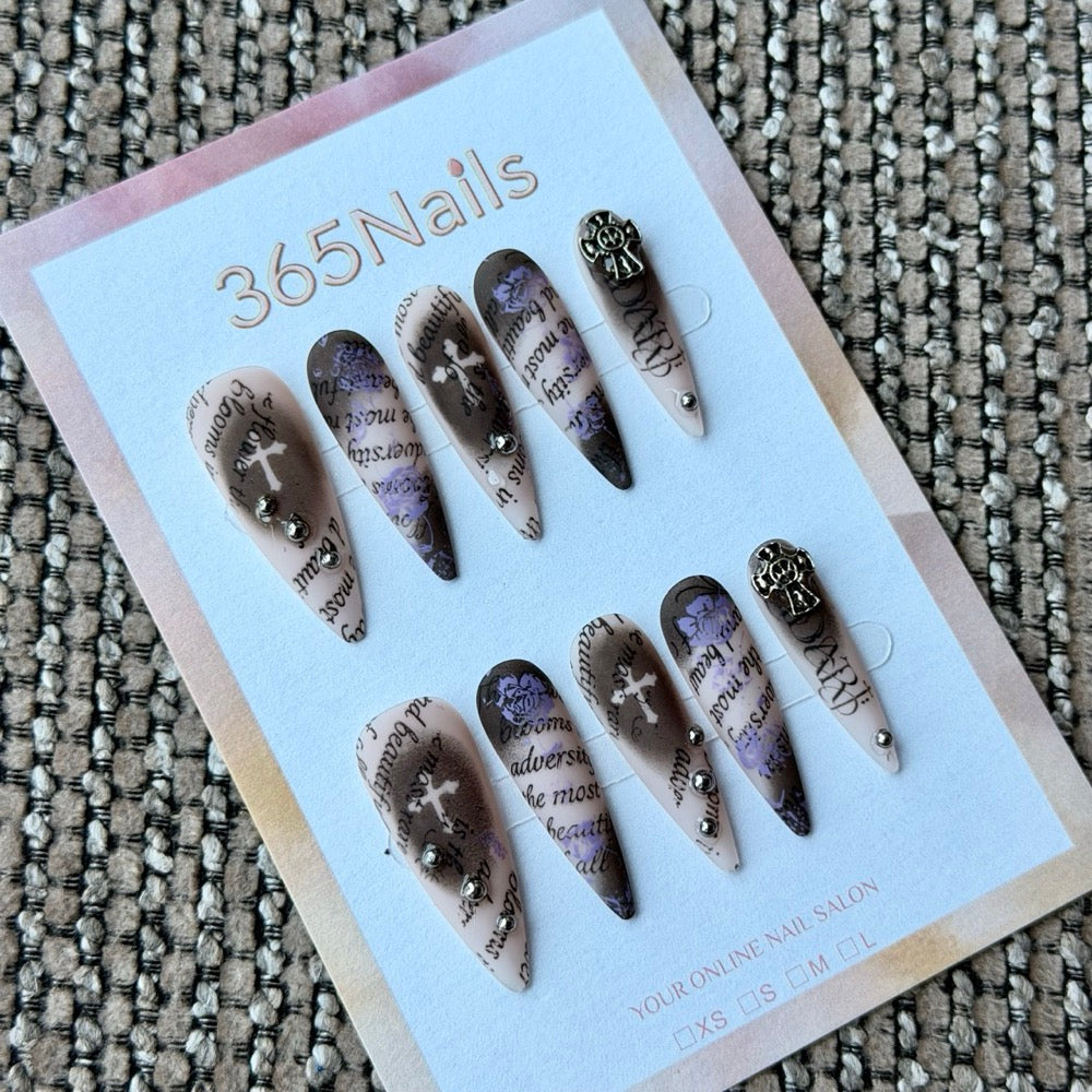 Taupe Newspaper Cross Handmade Press-On Nails