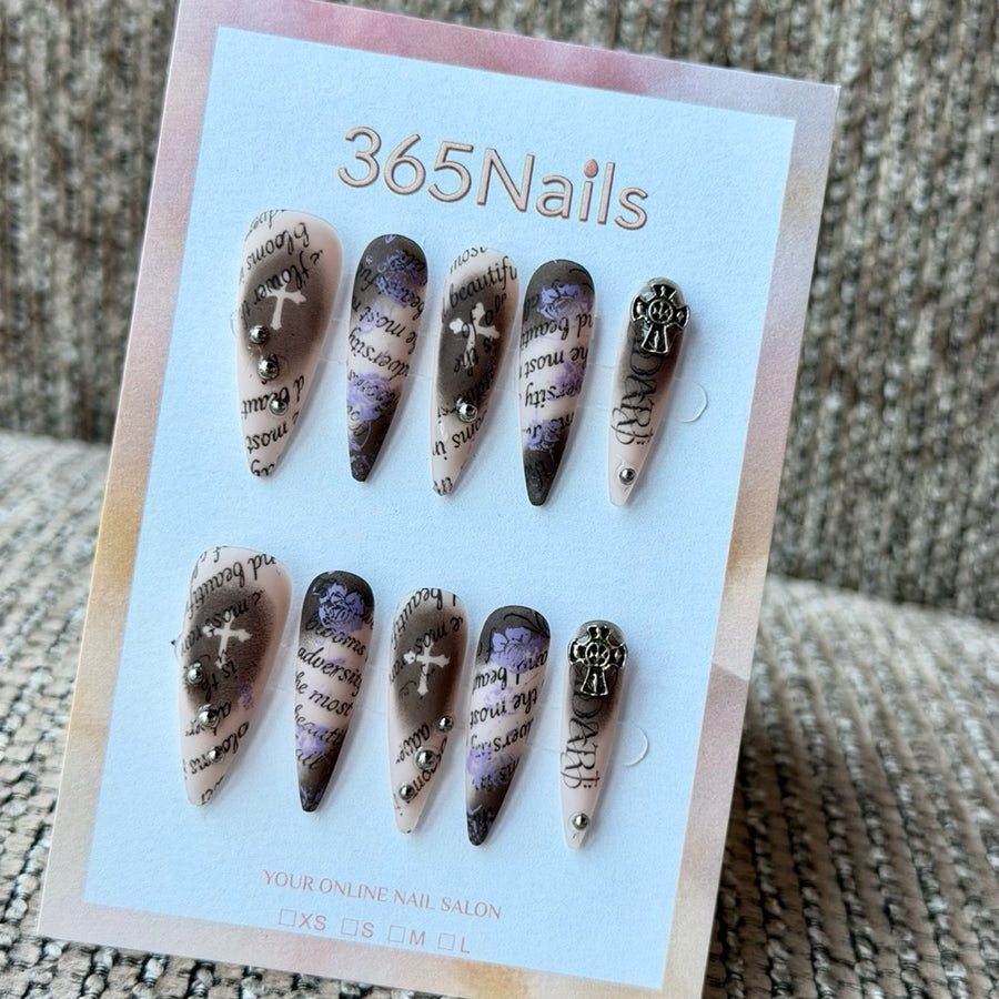 Taupe Newspaper Cross Handmade Press-On Nails