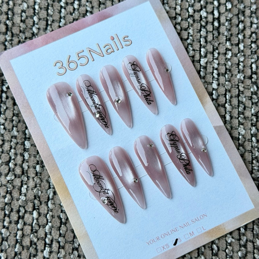 Blush Nude Black Script Handmade Press-On Nails
