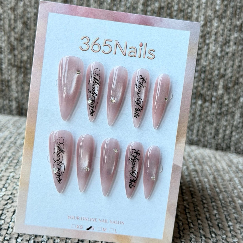 Blush Nude Black Script Handmade Press-On Nails